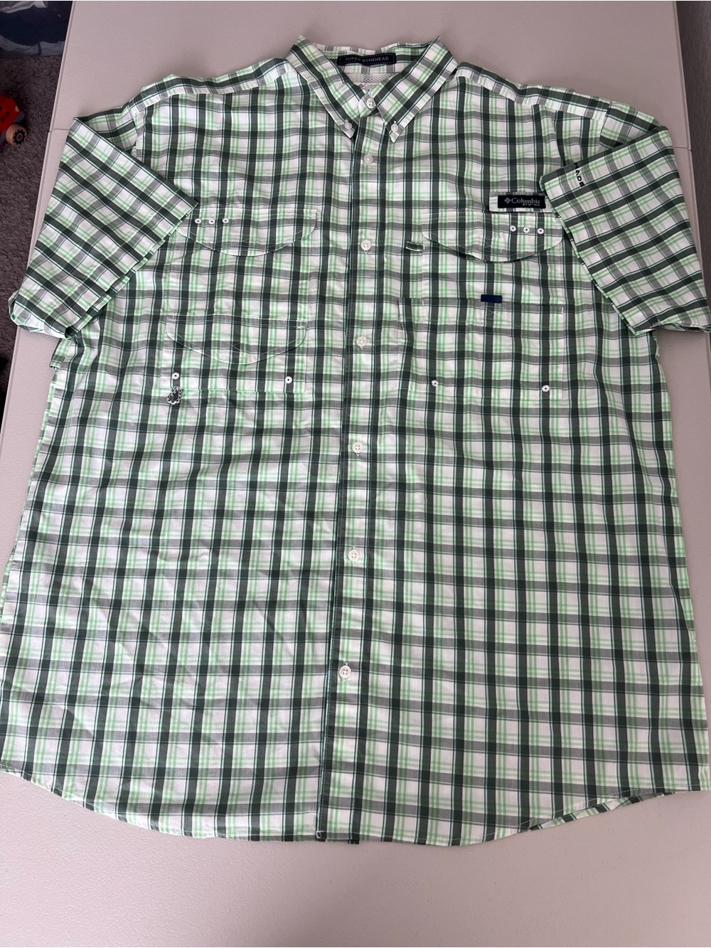 Columbia PFG Super Bonehead Mesh Lined Cape Back Green Plaid Shirt Size L